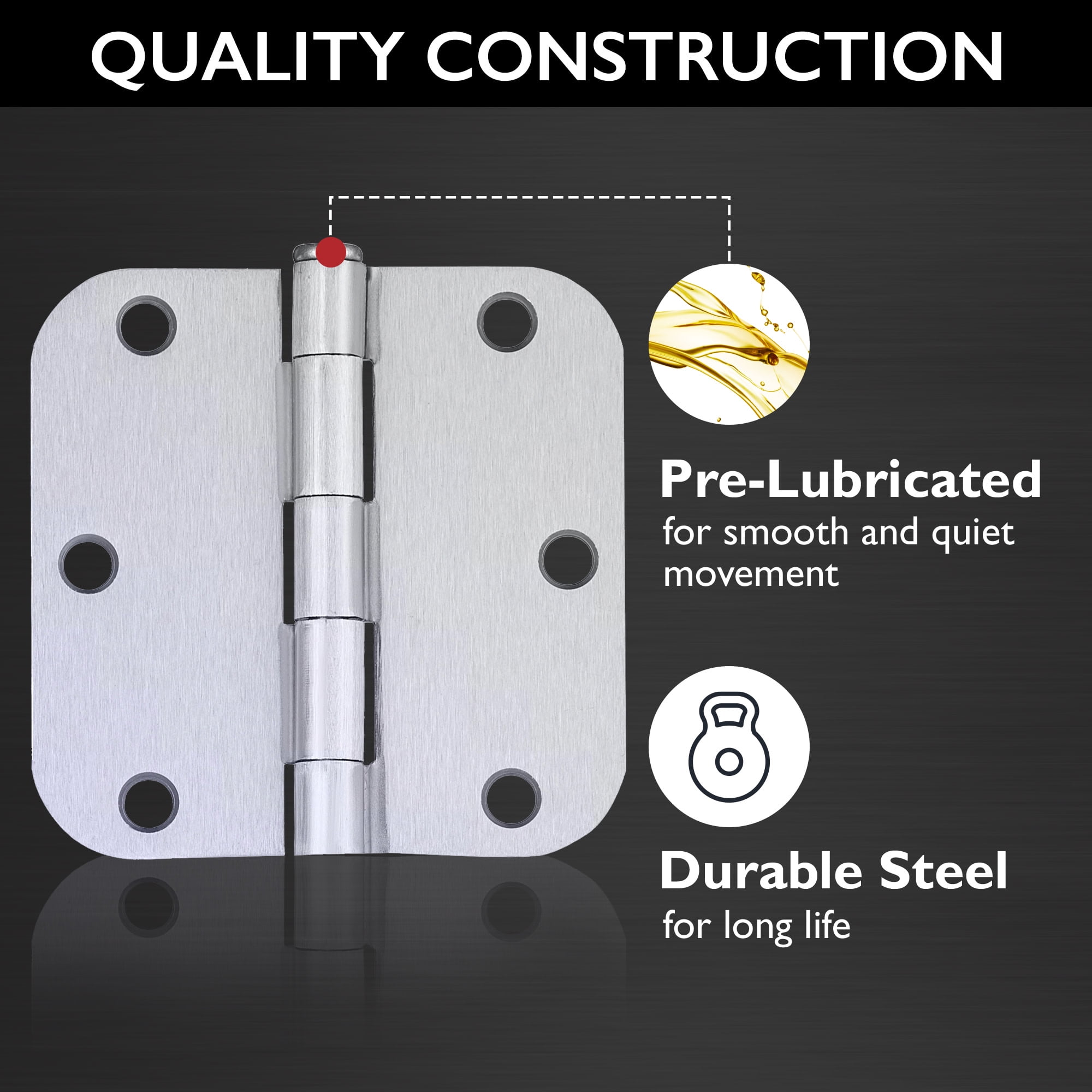 Brushed Chrome Steel Plain Bearing Door Hinge with Removable Pin, 3-1/2 x 3-1/2 in. 5/8 in. Radius, 2-Pack