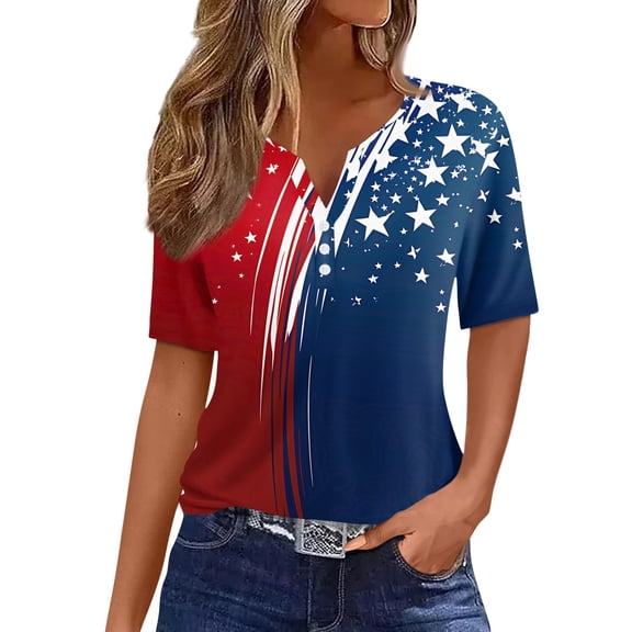 Women's 250th Anniversary USA Shirt V-Neck Button Patriotic Star Print Short Sleeve T-Shirts Independence Day Top