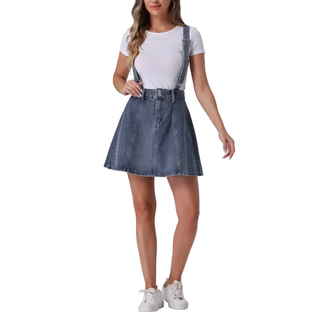 Falda de mezclilla para mujer, tirantes ajustables, mini tirantes, falda de jean lavada, XL, azul retro