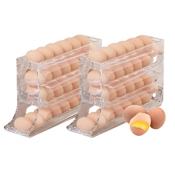 HYEASTR 2 Pack Clear 4-Tier Egg Dispenser for Fridge, Space-Saving Rolling Egg Organizer, Gravity-Fed Design, BPA-Free Egg Holder for Refrigerator and Kitchen - Transparent