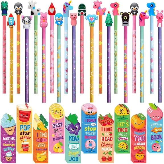 "Scented Bookmarks and Smelly Pencils with Cute Toppers Set, Fruit Food Theme Scratch and Sniff Bookmarks, Cartoon Pen Toppers for Kids Students Supplies (Cute Style)