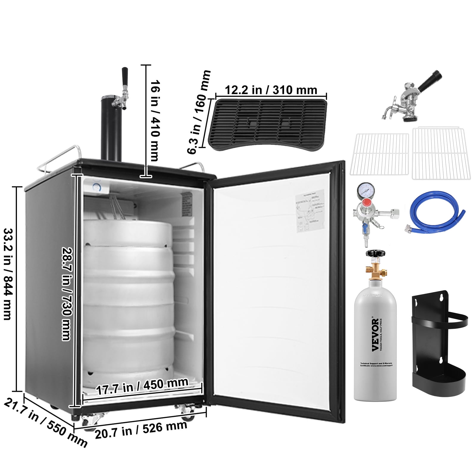 VEVOR Beer Kegerator, Single Tap Draft Beer Dispenser, Full Size Keg Refrigerator with Shelves, CO2 Cylinder, Drip Tray & Rail, 32°F- 50°F Temperature Control, Holds 1/6, 1/4, 1/2 Barrels, Black