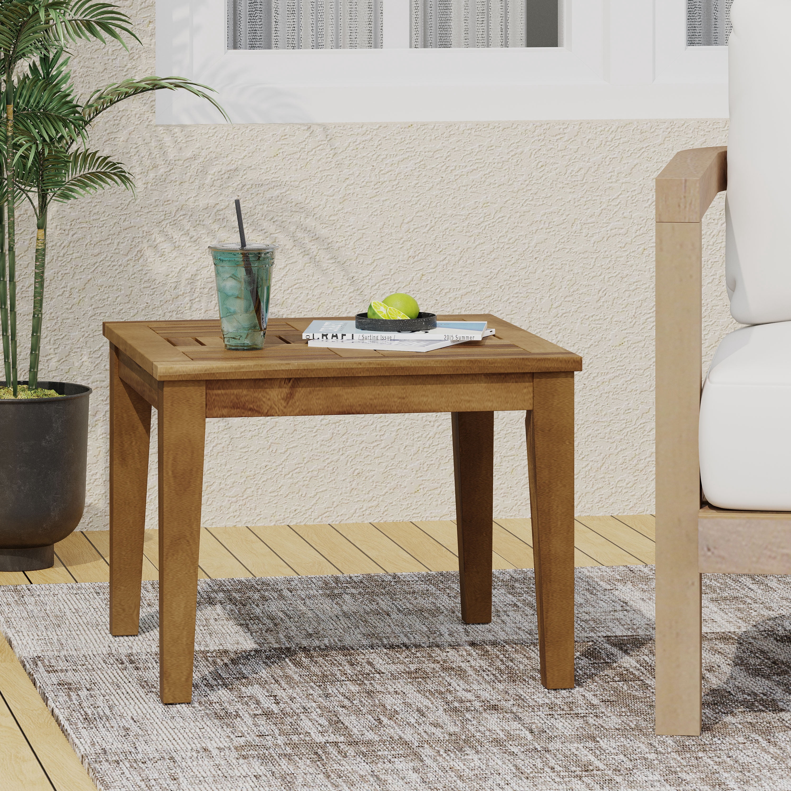 Outdoor Acacia Wood Square Side Table, 20"W×20"D×15.75"H Transitional Low Profile Patio End Table for Garden Balcony Backyard Furniture
