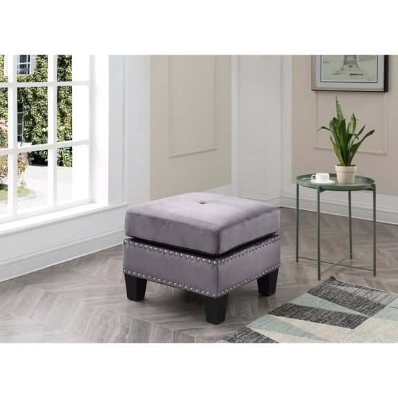 Glory Furniture Nailer Velvet Upholstered Ottoman in Gray