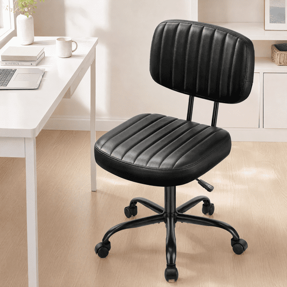 edx Adjustable Height Armless Office Desk Chair with Wheels, PU Leather Mid Back 360°Swivel Small Computer Chair, Modern Task Chair for Home Office Reading Meeting Room, Black