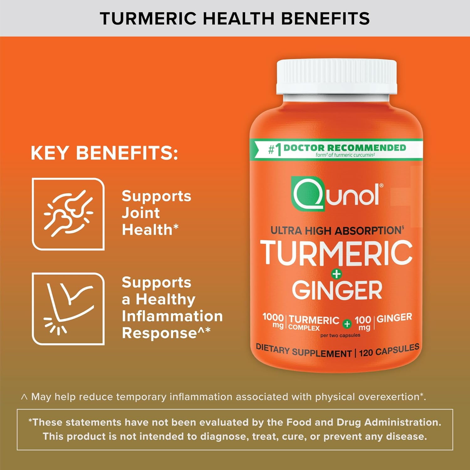 Qunol 1000mg Turmeric and Ginger Supplement, Ultra High Absorption to Support Joint Health, 120 Count