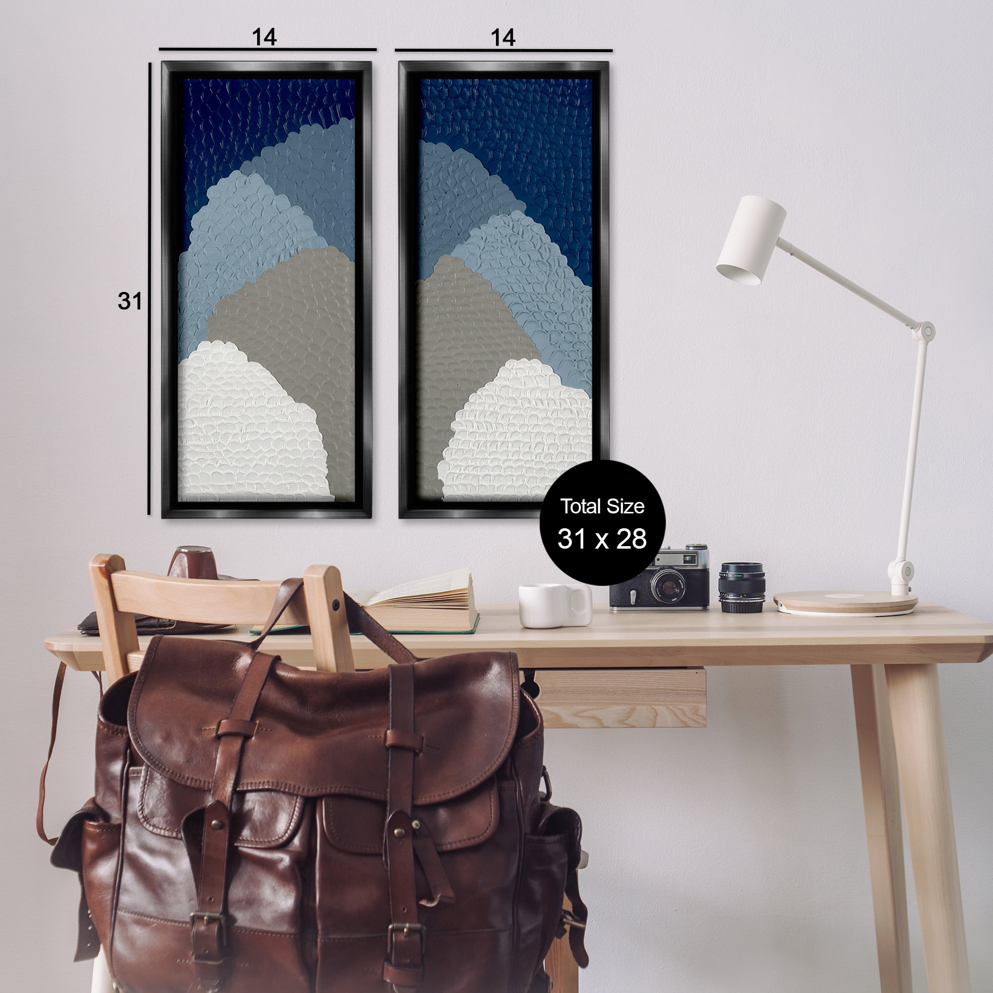 Stupell Industries Textured Blue Abstract Mountains Abstract Painting Black Floater Framed Canvas Art Print Wall Art, 14 x 31, Set of 2