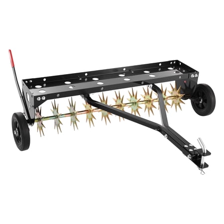 KFFKFF Tow Behind Plug Aerator, 40-inch Lawn Spike Aerator with Universal Hitch, 150 lbs Weight Capacity, Durable and Corrosion-Resistant, Pull-Behind Aeration Tool with Tray for Tractors in Gardens
