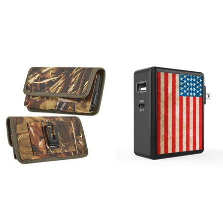 

Pouch and Wall Charger Bundle for OnePlus 10T 5G: Horizontal Rugged Nylon Belt Holster Case (Camo) and 45W Dual USB Port PD Power Delivery Type-C and USB-A Power Adapter (Vintage American Flag)