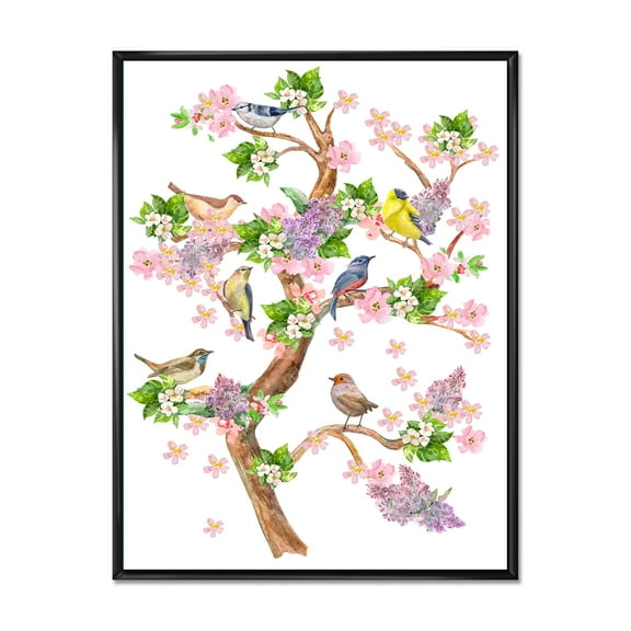 Designart 'Tree With Colorful Birds Sitting On Flowering Branches' Traditional Framed Canvas Wall Art Print