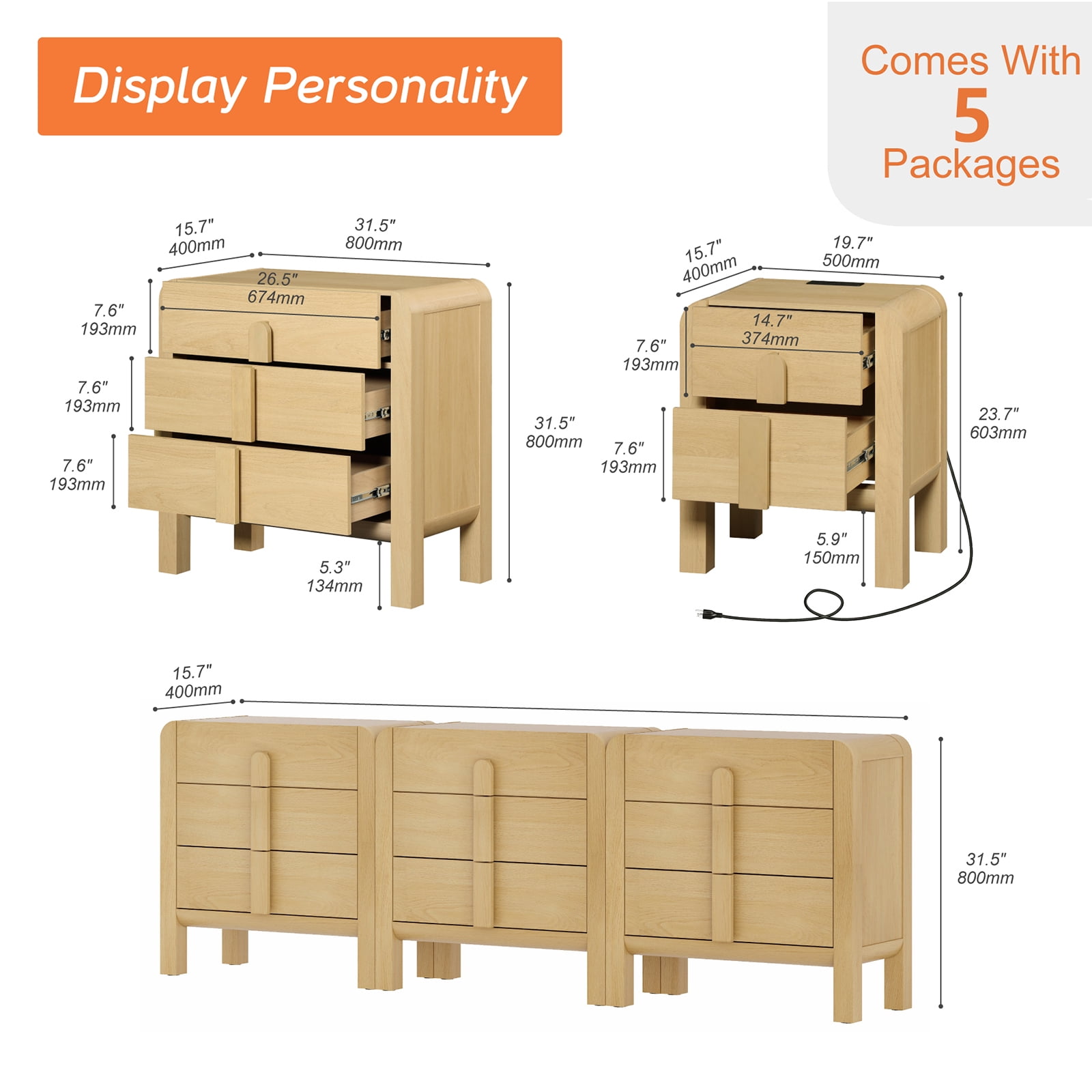 9 Drawer Dresser and Nightstand Sets for Bedroom, 5 Pcs Bedroom Set，Night Stand Set of 2, 9 Drawer Dresser with Curved Profile Design, Wood Chest of Drawers Mid Century Storage Cabinet Set