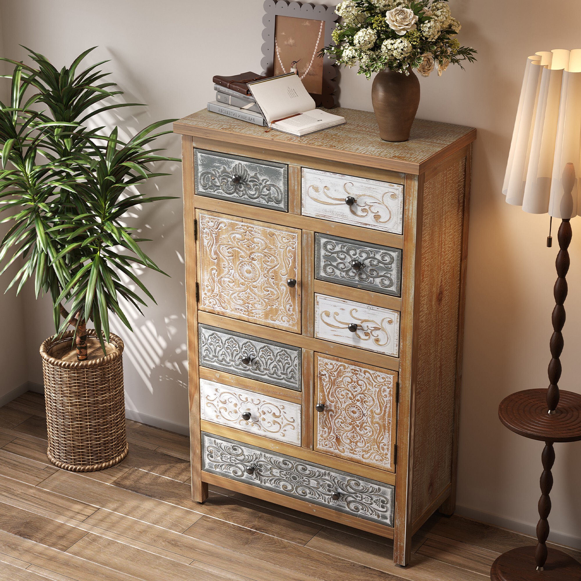 AENKYO Vintage 7-Drawer Tall Cabinet, Bohemian Storage Dresser with Distressed Finish for Bedroom, Living Room & Entryway