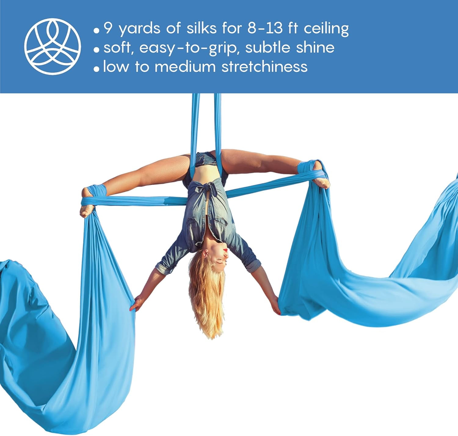 Aum Active Aerial Silks Yoga Sling Hammock Starter Kit - 9 Yd Tricot Fabric, Blue