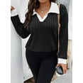 thumbnail image 4 of Women'S Large Size Casual Knitted Sweater Lapel V-Neck Solid Color Top Long Sleeve Shirt Black & White 4XL, 4 of 7