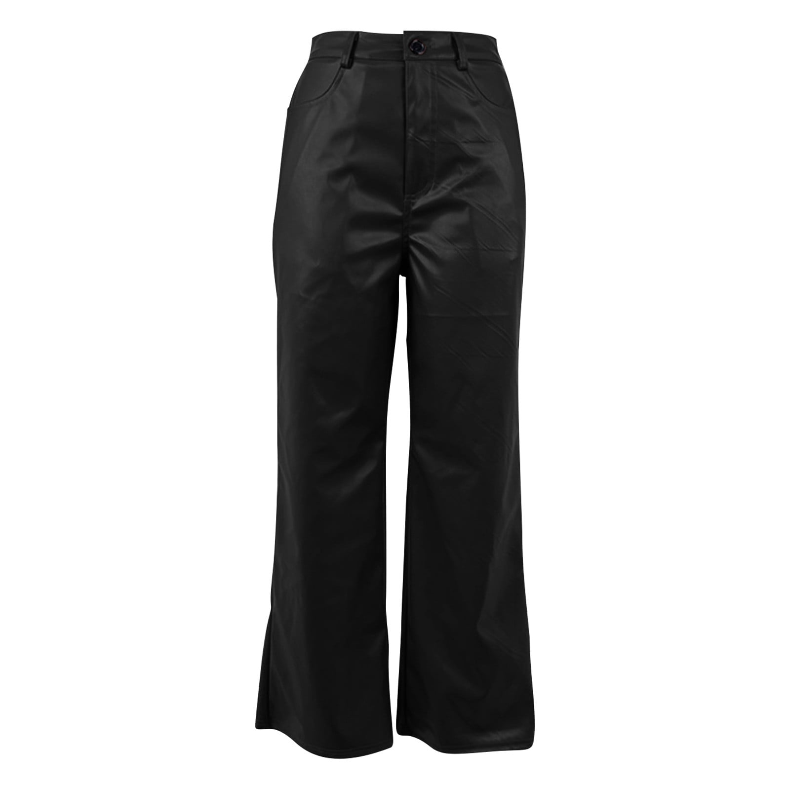XFLWAM Faux Leather Pants for Women High Waist Straight Wide Leg Flare Leather Pants with Pockets