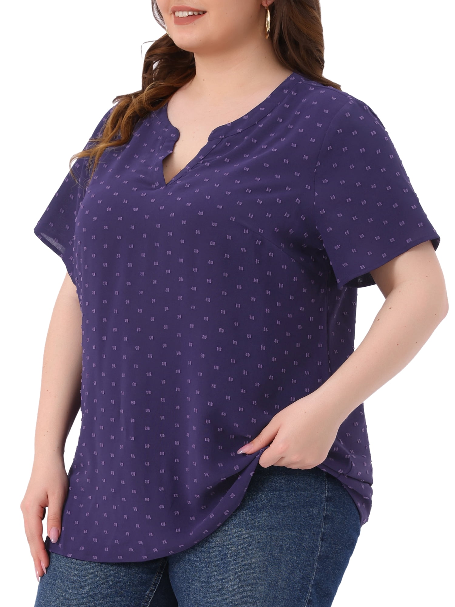 DARING DIVA Women's Plus Swiss Dots Notched Neck Short Sleeve Blouse 1X Dark Blue Purple