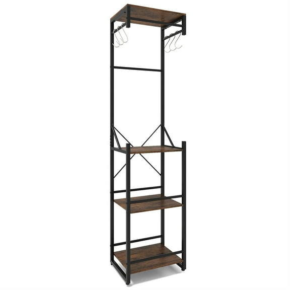 Spaco Freestanding Coat Rack, 4 Storage Shelves & 6 Hanging Hooks, Anti-Tip Devices, Rustic Brown