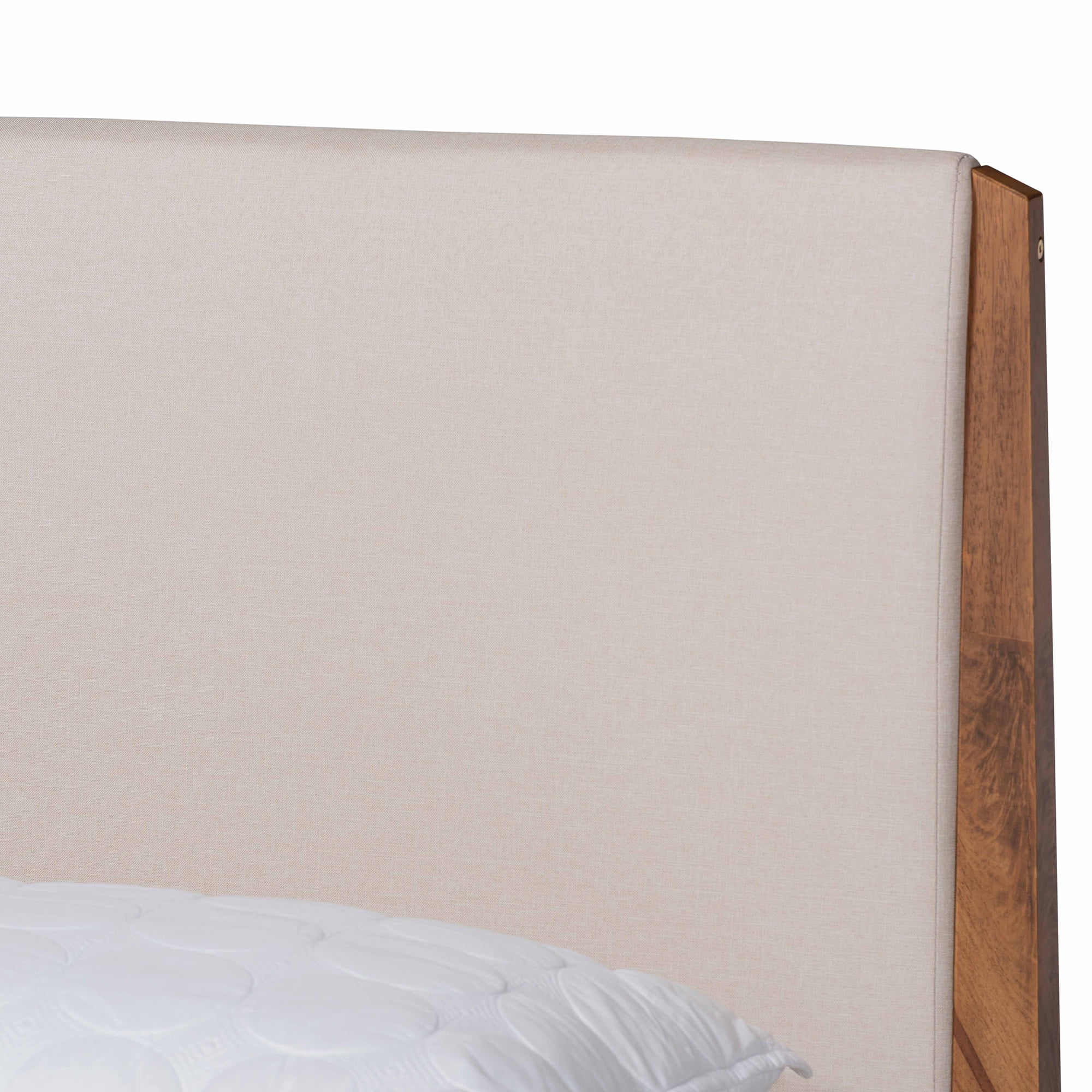 Baxton Studio Lenora Mid-Century Modern Beige Fabric Upholstered and Walnut Brown Finished Wood Queen Size Platform Bed