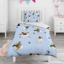 Pug and Footprints Duvet Cover and Pillowcase Set for Single Bedding, Bedroom Accessories for Kids Teens