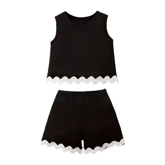 FINALGANG Girls Kids Toddlers Two Piece Outfit Set Ribbed Sleeveless Crewneck Top Shorts With Contrast Scallop Trim Casual Summer Outfit For Daily Wear Soft Outfit