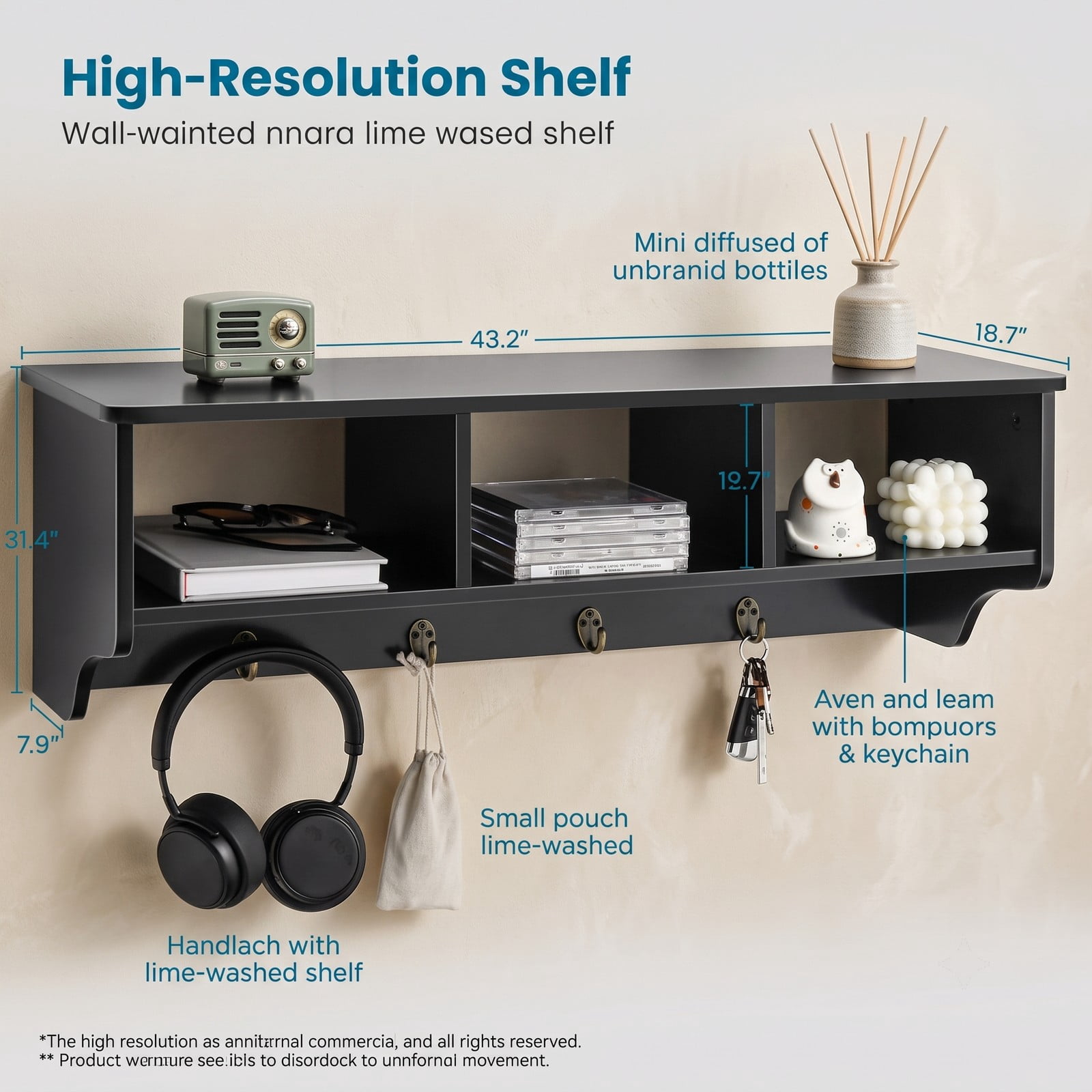 Furnibear Wall Mounted Coat and Hat Rack with Cubby Storage Shelf and 4 Hooks for Entryway Living Room and Bathroom, Black