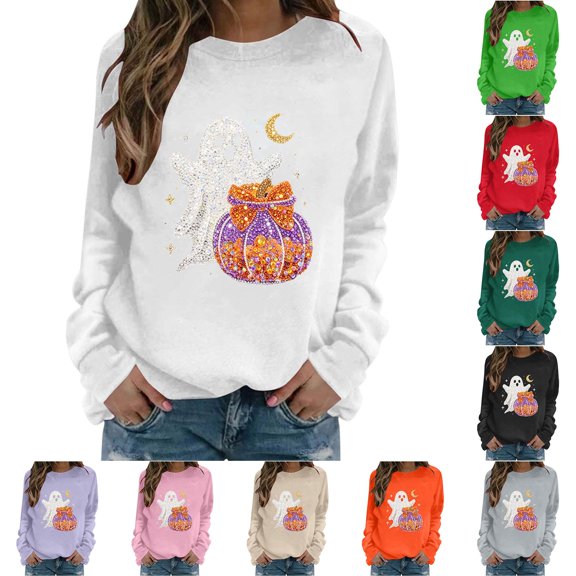 WEIWEN Halloween Sweatshirts for Women Cute Ghost Pumpkin Graphic Crewneck Long Sleeve Sweaters for Women Spooky Season Pullover Tops Womens Fall Fashion Clothing Green, S