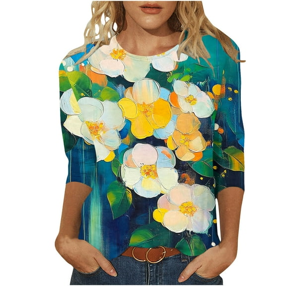 Plus Size 3/4 Sleeve Tops for Womens 2025 Summer Scooped Neck Tees Shirts Cute Floral Printed Tunics Blouses Loose Relaxed Fit T Shirts Going Out Beach Holiday Clothes