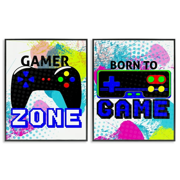 Stupell Industries Gamer Zone Splash Remote Entertainment Painting Black Framed Art Print Wall Art, 11 x 14, Set of 2