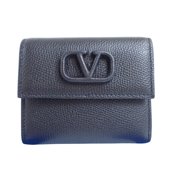 Pre-Owned VALENTINO GARAVANI V Black Leather Tri-fold Wallet for Men and Women
