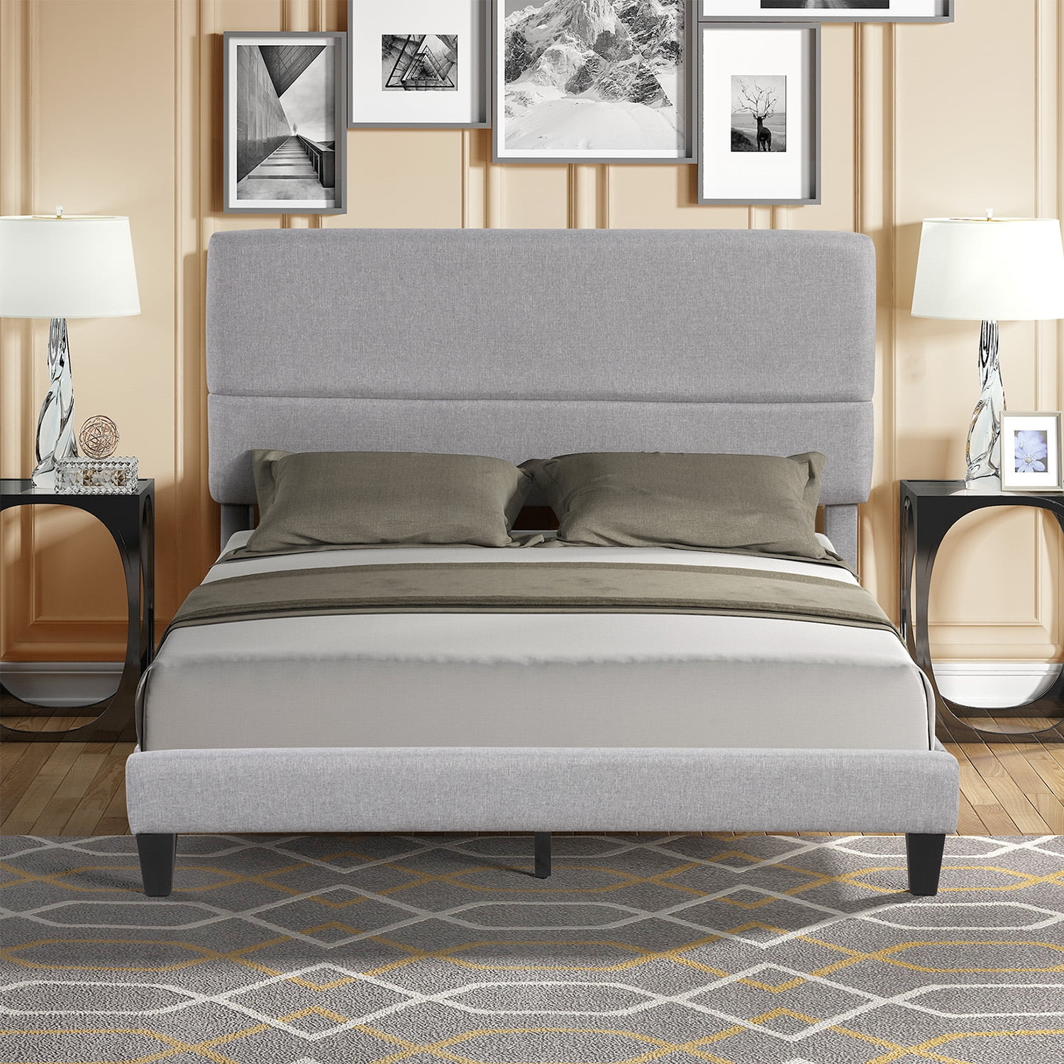 Kadyn Queen Platform Bed Frame with Linen Headboard, Fabric Upholstered