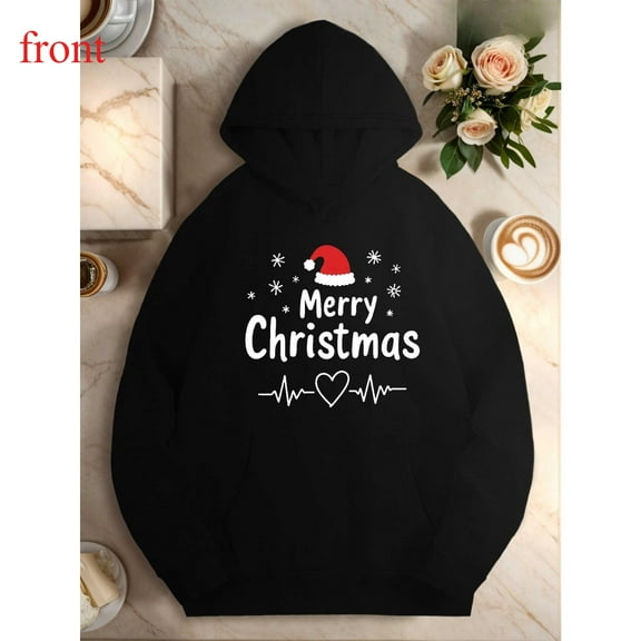 Christmas Heartbeat Sweatshirt Tops Merry Text Design Cozy Trendy Hooded long-sleeved Black S-2XL