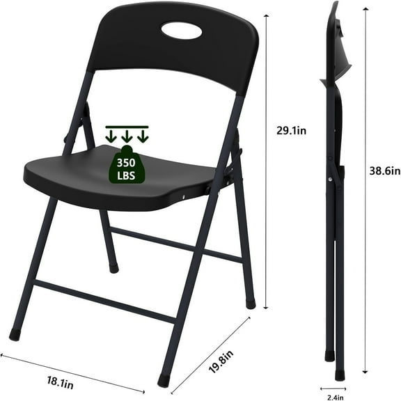 4-Pack Black Plastic Folding Chairs, Heavy-Duty Metal Frame & 350lb Capacity, for Indoor/Outdoor Use