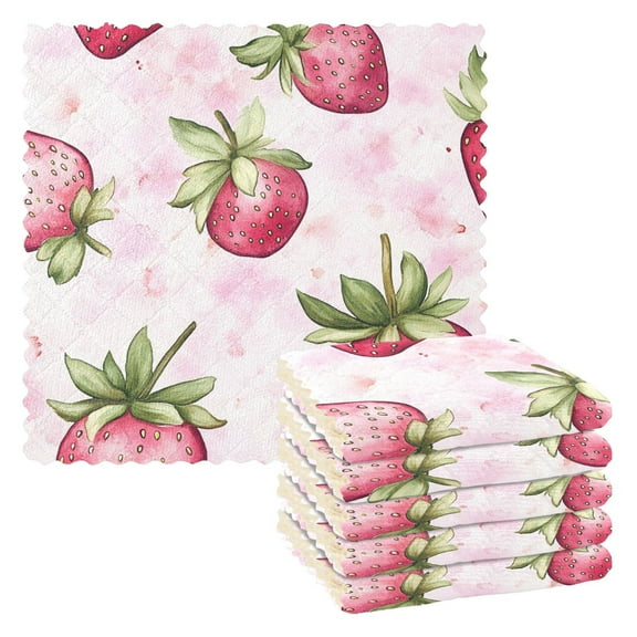 Pink Strawberry Kitchen Cloth Dish Towels for Drying Washing Absorbent Dish Rags 6 Pack