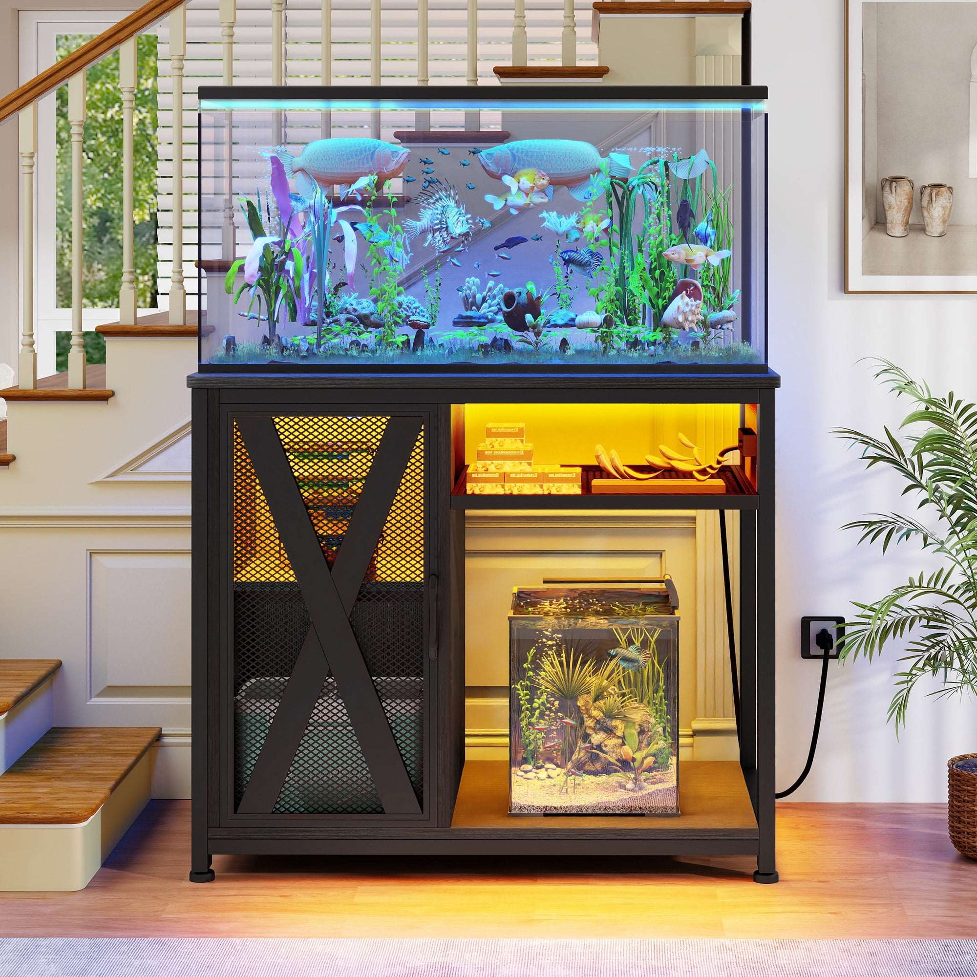 Uforic  40-50 Gallon Fish Tank Stand with Power Outlets & LED Light, Heavy Duty Metal Wood Aquarium Stand with Storage Cabinet for Turtle Tank, Reptile Terrarium, 680LBS Capacity, Black