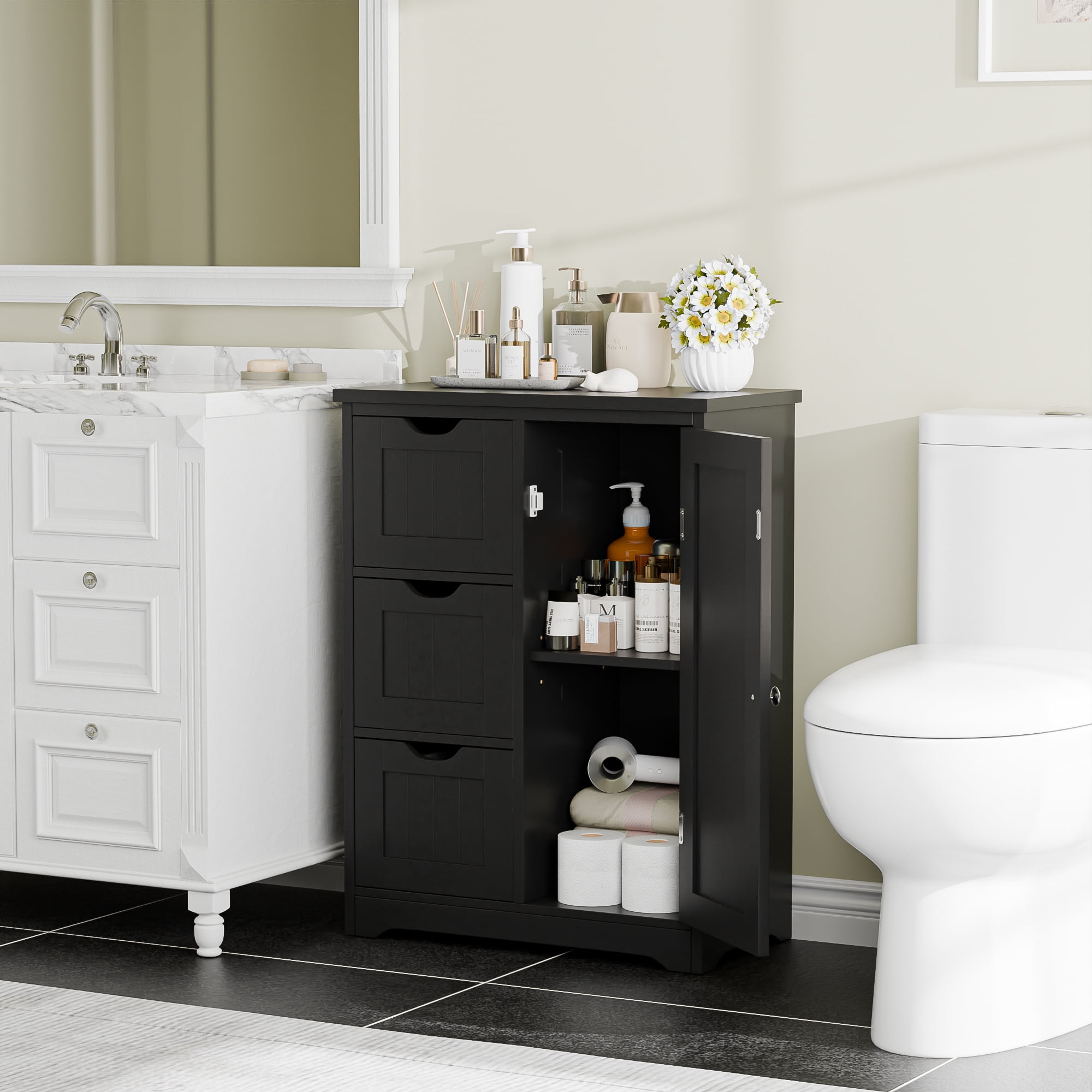 HomGarden 31.5-in Bathroom Floor Cabinet Freestanding Storage Organizer W/ 3 Drawers & Adjustable Shelf for Living Room, Entryway, Black
