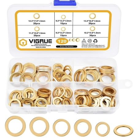 

VIGRUE 120 Pieces Fitting Ring Assortment Brass-Plated Washers Set Brass Washer Diameter 9.2/10.2/11.2/12.2/13.2 mm for Door Hinges in Assortment Box