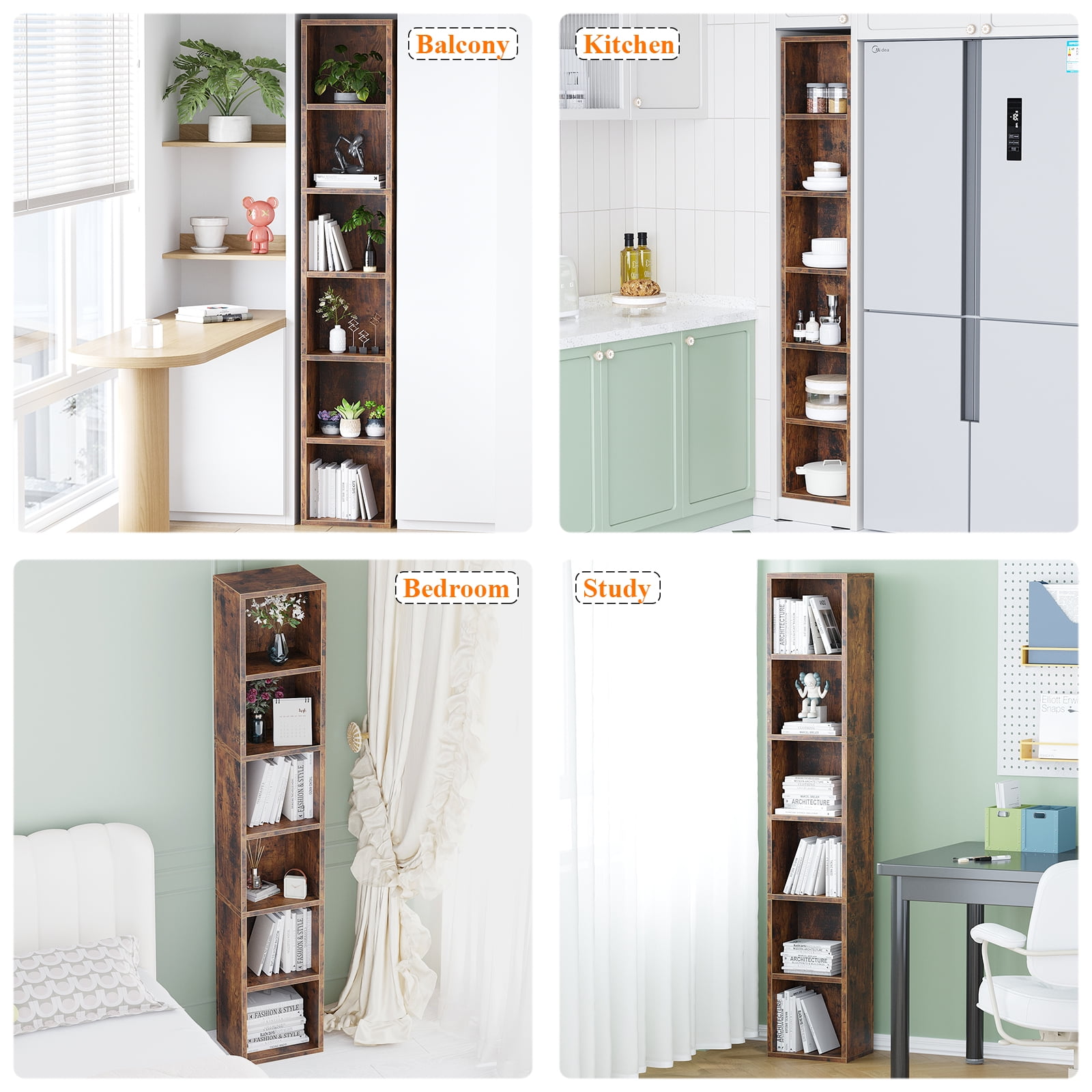 ALISENED 6 Cube Tall Skinny Bookcase, Narrow Organizer Shelf, Wood Corner Bookshelf, Storage Shelves