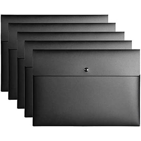 5 Pack Black A4/Letter Size Plastic Envelope Folders – Snap Button Closure Document Organizer | Durable Paperwork Wallets for Home, Office & School File Storage