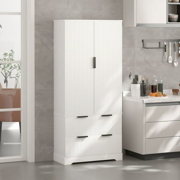 Sideboard For Dining Room 72" Modern Fluted Kitchen Pantry Cabinet with 2 Large Drawers & 8-Door Spice Rack, Freestanding Storage Organizer for Bathroom, Dining Room, Office, Entryway, White,Buffet F