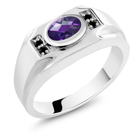 Gem Stone King Men's 925 Sterling Silver Purple Amethyst and Black Diamond Ring (1.13 Cttw, Gemstone February Birthstone, Oval Checkerboard 8X6MM,, Size 13)