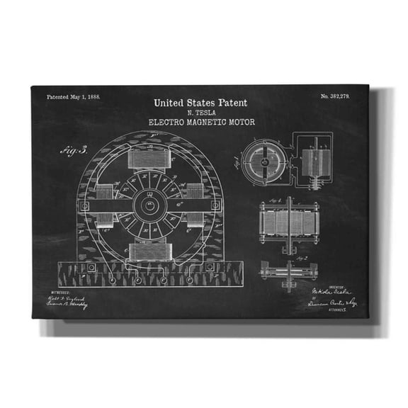 Epic Graffiti "Tesla Electro Magnetic Motor Blueprint Patent Chalkboard" Giclee Canvas Wall Art, 26"x18"
