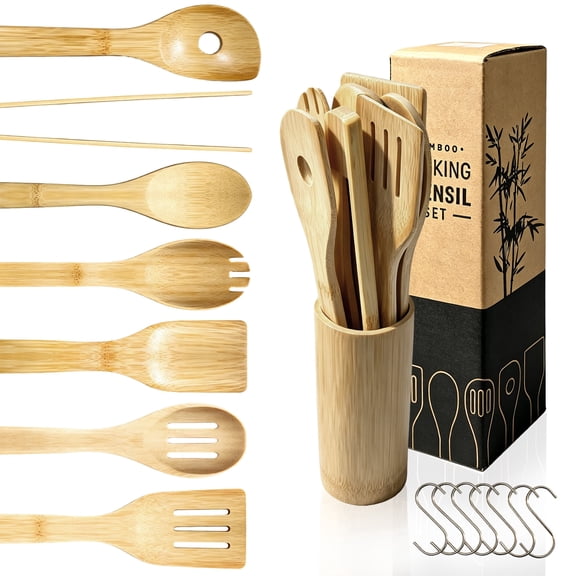 Hima Shilajatun Wooden Spoons for Cooking, Bamboo Cooking Utensils Set with Holder and 7 S Hooks for Nonstick Cookware