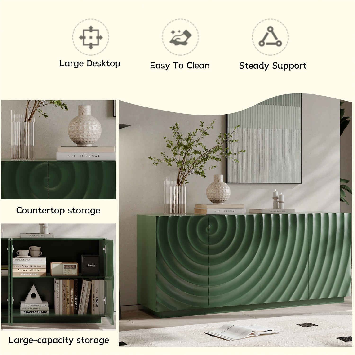 Hommoo 59" Mid Century Modern Sideboard Buffet Cabinet, Accent Storage Sideboard with 4 Doors, Wooden Buffet Cabinet Pantry Cabinet, Media Cabinet, Console Cabinet, Cabinet for Home,Green
