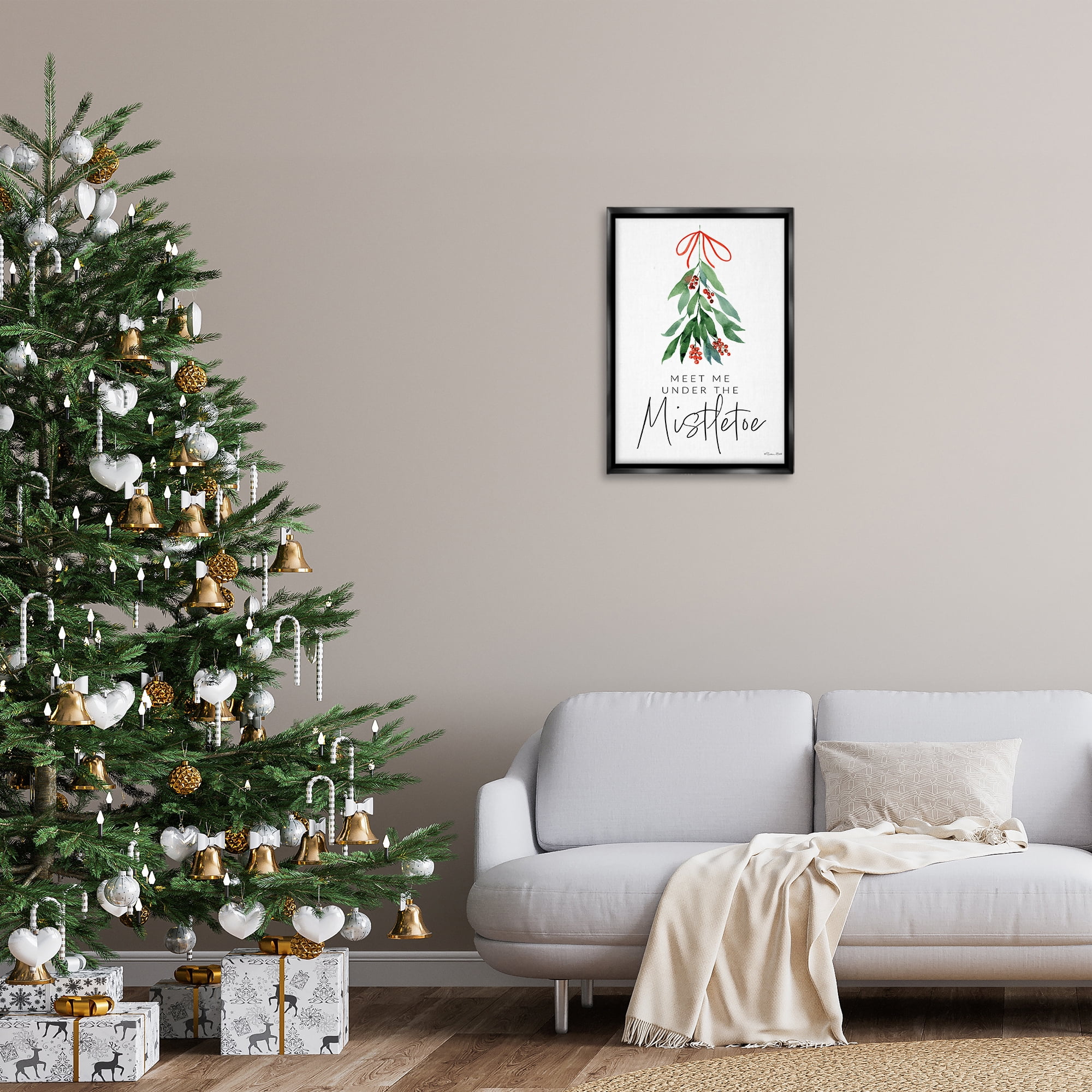 Stupell Industries Meet Me Under Mistletoe Holiday Painting Black Floater Framed Art Print Wall Art, 17 x 25