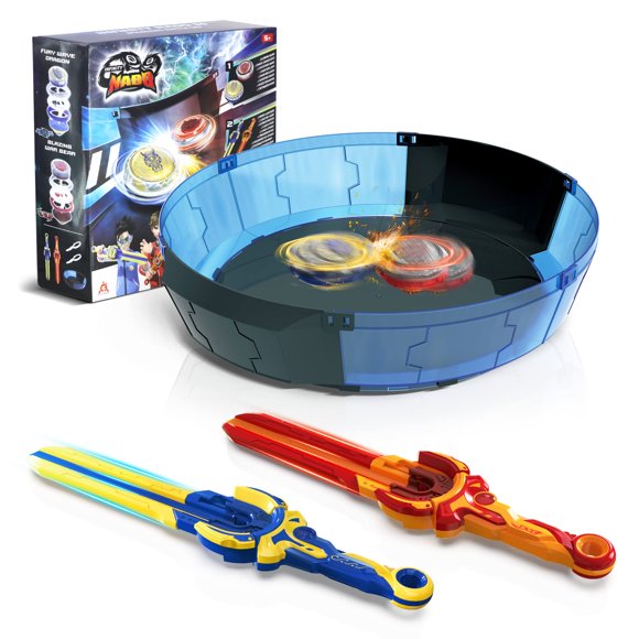 Infinity Nado Stadium - Toupies de Combat Burst Jouet pour Garçons Filles Âge 8-12 - Incluant Stade, 2 Toupies de Jeu, 2 Lance-Épée - Bleu Saphir et Rouge Flamme