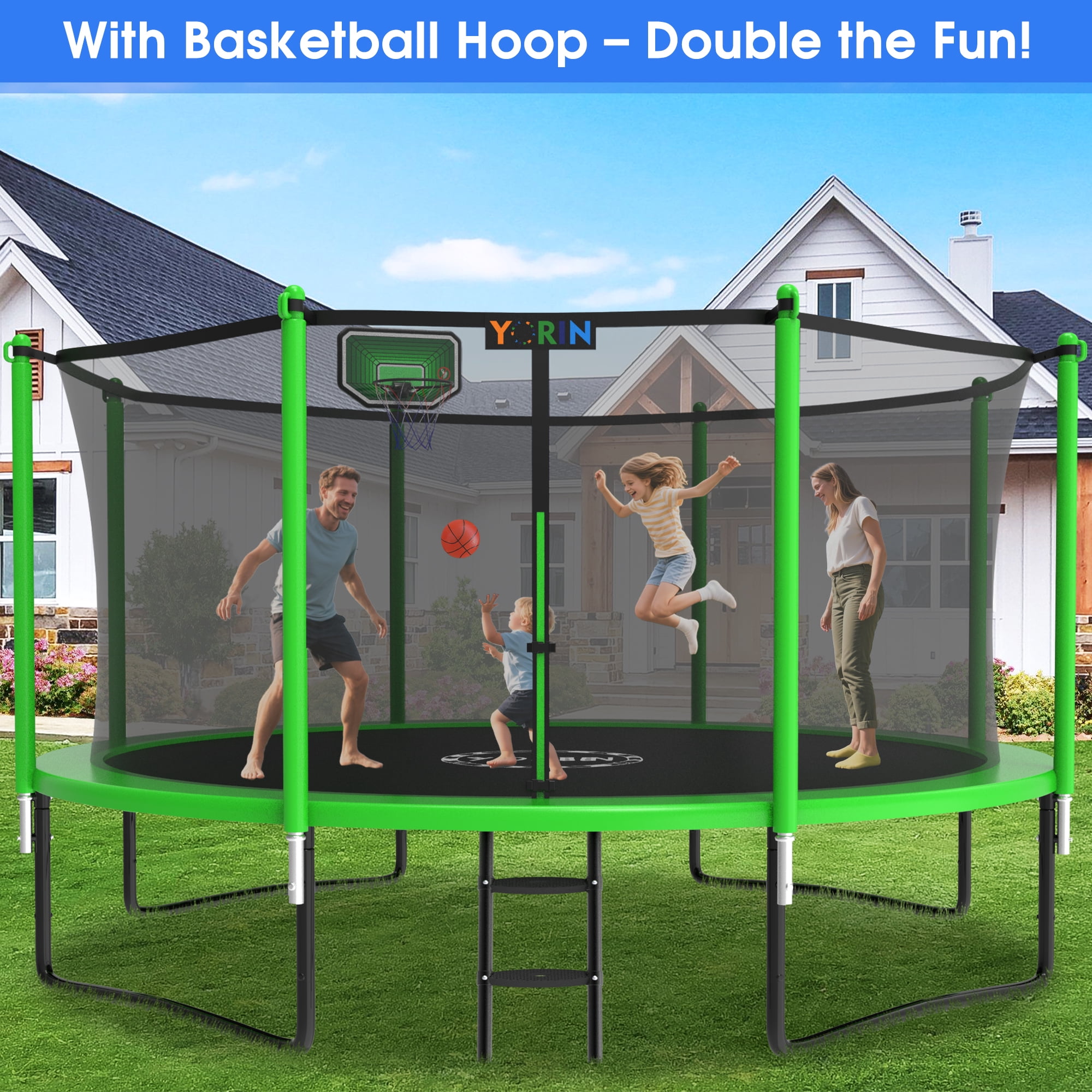 YORIN Trampoline, 12FT Trampoline for 4-5 Kids Adults with Enclosure, 1200LBS Outdoor Trampoline with Basketball Hoop, Sprinkler, Light, Socks, Ladder, Galvanized Anti-Rust Coating Trampoline
