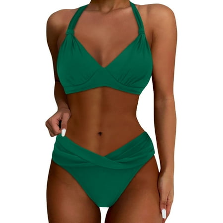 Womens Swimsuits Solid Color Lace Up Halter Push Up Bra And Panty Set Vintage Two Piece Tankini Swimsuits For Women Swimwears Beachwear Green XL