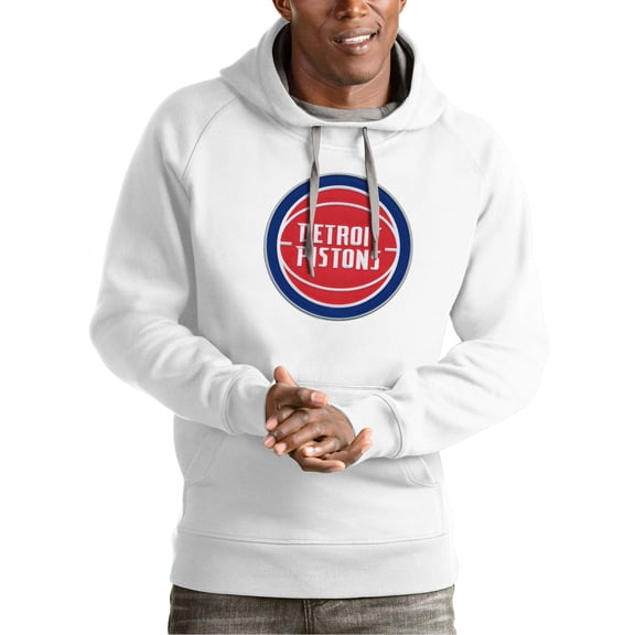 Men's Antigua White Detroit Pistons Team Logo Victory Pullover Hoodie