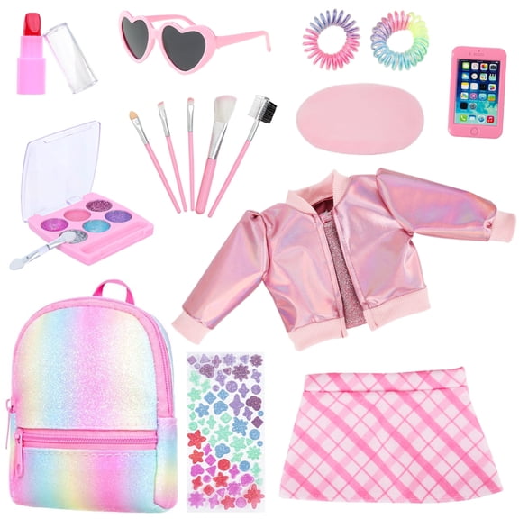 ZITA ELEMENT 17-Piece 18 Inch Doll Accessories Set with Backpack, Pretend Makeup, Brushes and Stylish Outfits