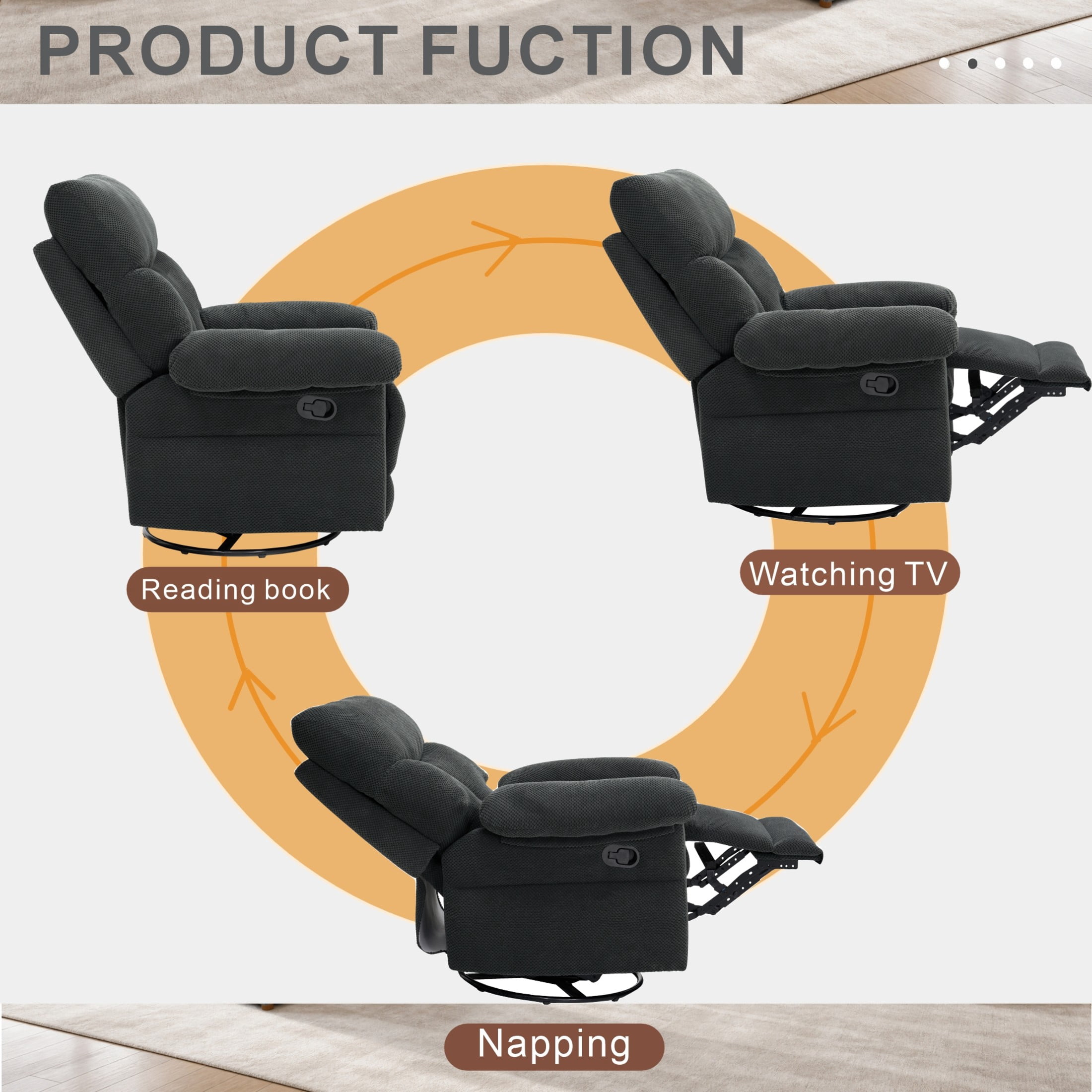 Noble House Modern Swivel Rocker Recliner Chair, Manual Glider Recliner with Textured Fabric, Dark Gray